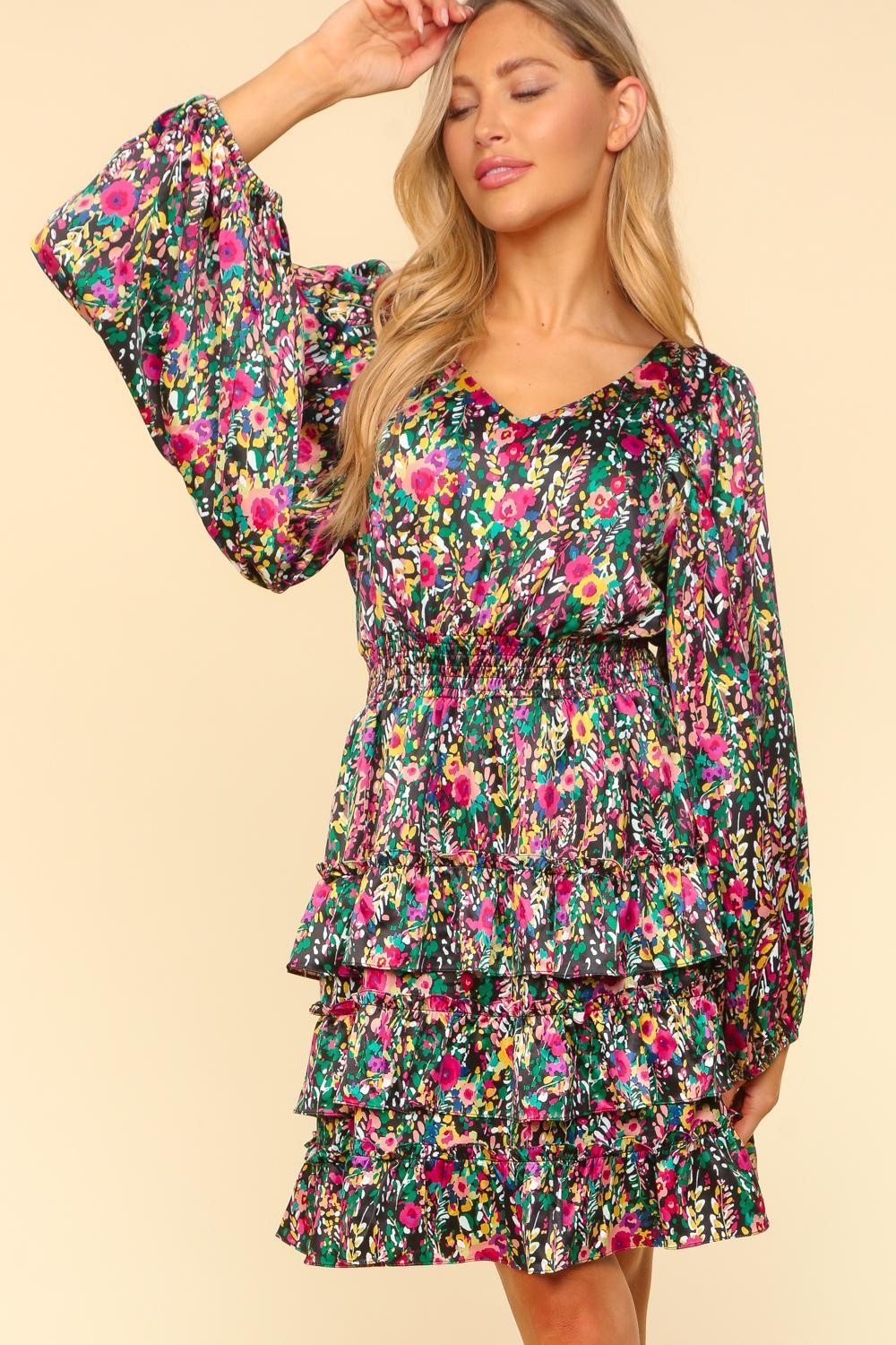 Haptics V - Neck Satin Floral Layered Dress - Bitsy Gypsy Boutique