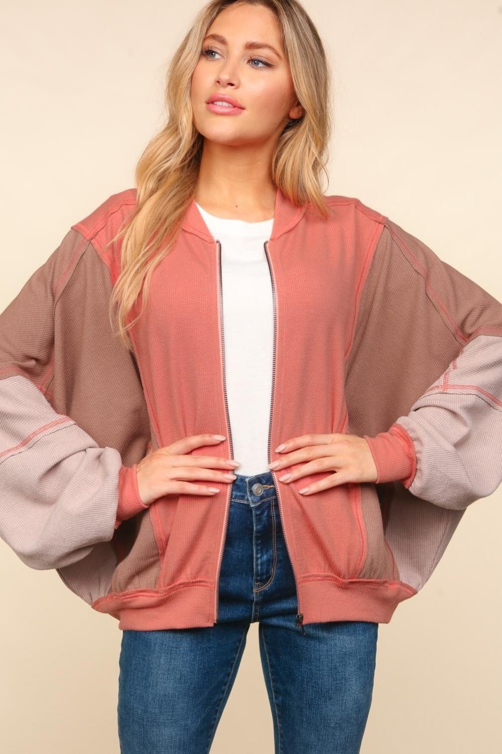 Haptics Zip Up Color Block Bomber Jacket with Side Pockets - Bitsy Gypsy Boutique