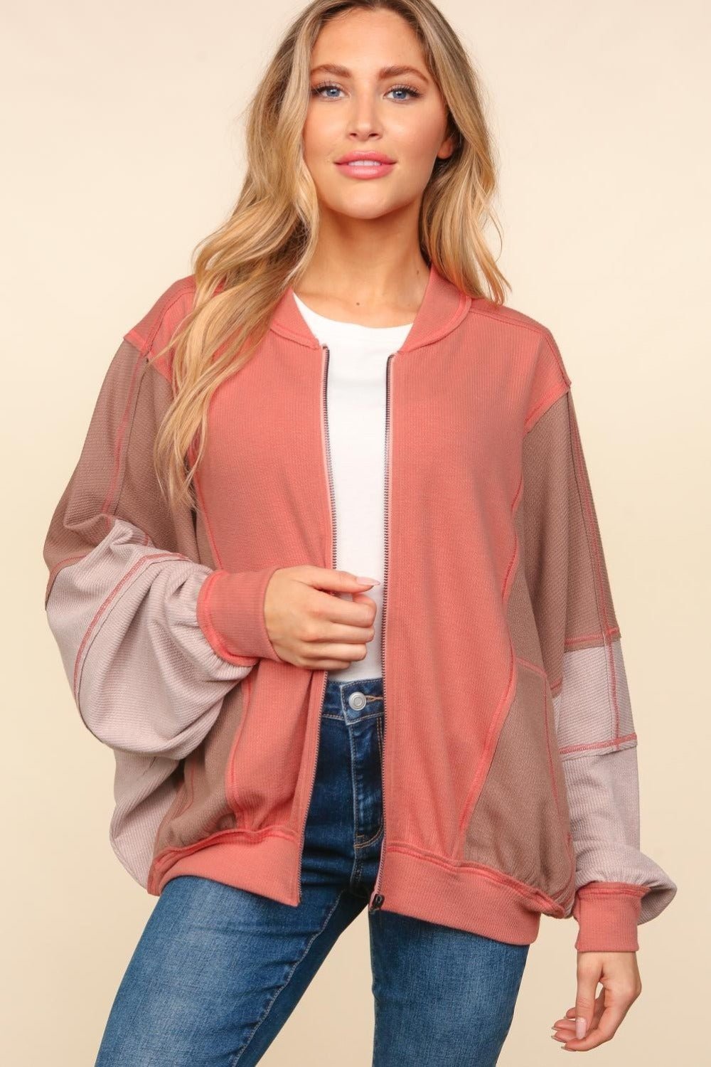 Haptics Zip Up Color Block Bomber Jacket with Side Pockets - Bitsy Gypsy Boutique