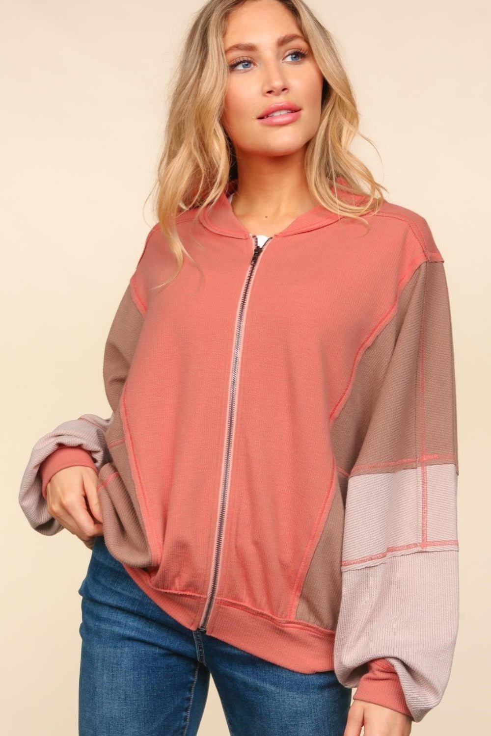 Haptics Zip Up Color Block Bomber Jacket with Side Pockets - Bitsy Gypsy Boutique