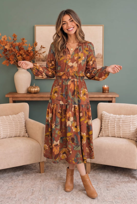 Harvest Bloom Tiered Midi Dress - Bitsy Gypsy Boutique