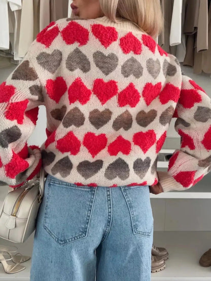 Heart Pattern Long Sleeve Round Neck Sweater - Bitsy Gypsy Boutique