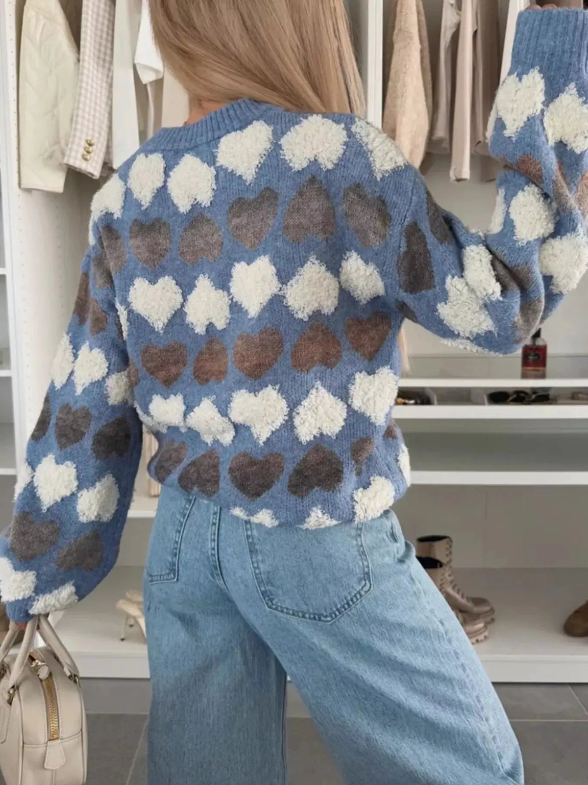 Heart Pattern Long Sleeve Round Neck Sweater - Bitsy Gypsy Boutique