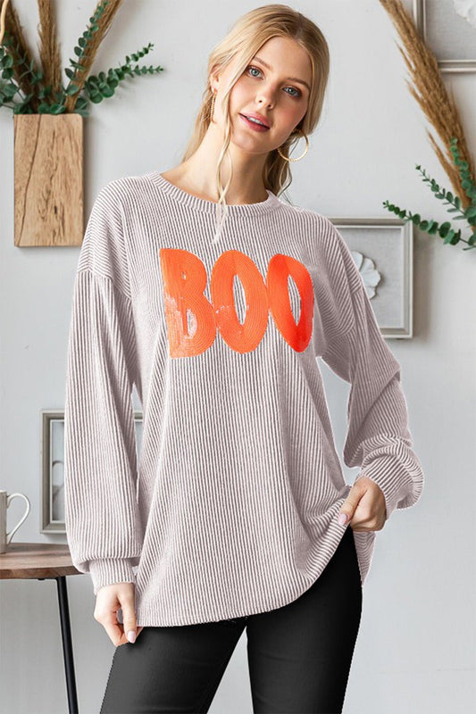 Heimish BOO Round Neck Long Sleeve Ribbed T-Shirt - Bitsy Gypsy Boutique