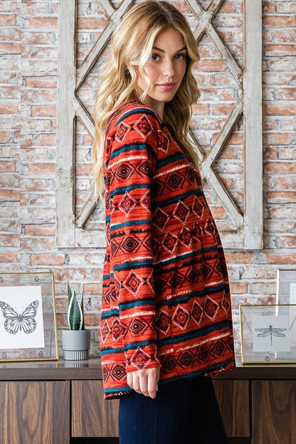 Heimish Full Size Geometric Button Detail Long Sleeve Babydoll Top - Bitsy Gypsy Boutique