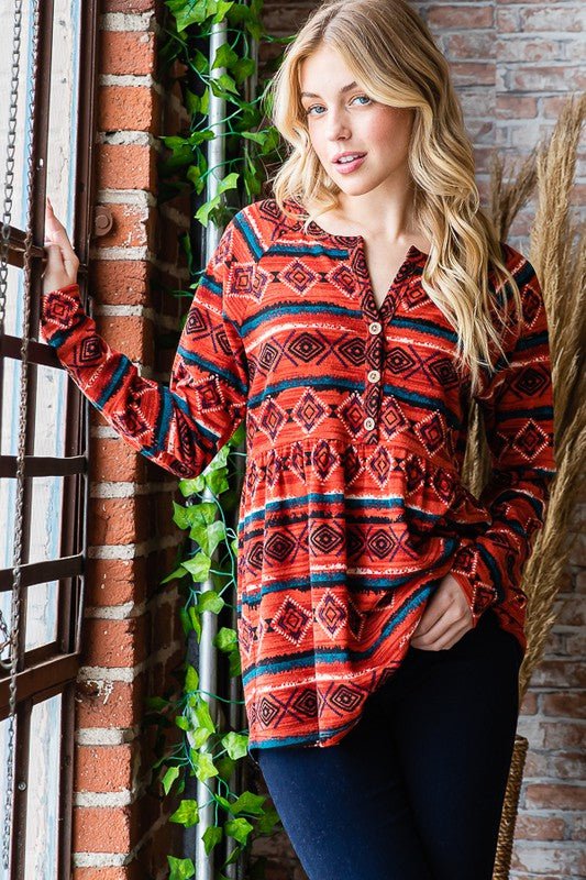 Heimish Full Size Geometric Button Detail Long Sleeve Babydoll Top - Bitsy Gypsy Boutique