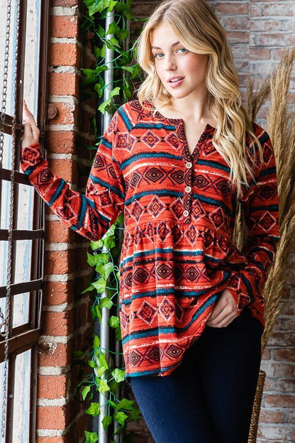 Heimish Full Size Geometric Button Detail Long Sleeve Babydoll Top - Bitsy Gypsy Boutique