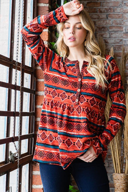 Heimish Full Size Geometric Button Detail Long Sleeve Babydoll Top - Bitsy Gypsy Boutique