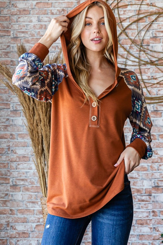 Heimish Full Size Half Button Printed Long Sleeve Hooded Top - Bitsy Gypsy Boutique