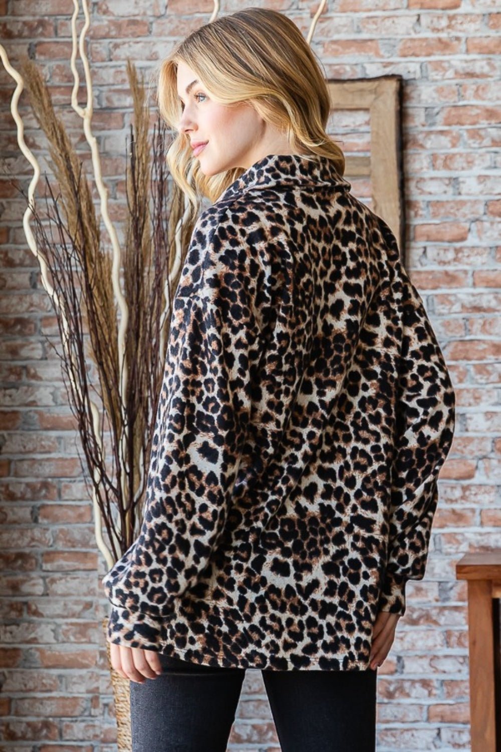 Heimish Full Size Leopard Johnny Collar Long Sleeve Top - Bitsy Gypsy Boutique