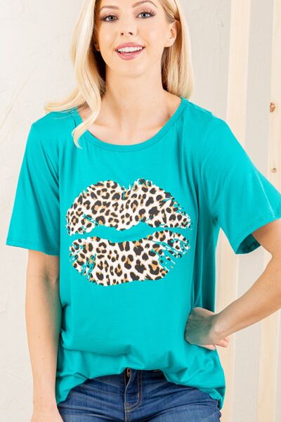 Heimish Full Size Leopard Lip Round Neck Short Sleeve T-Shirt Plus Size - Bitsy Gypsy Boutique