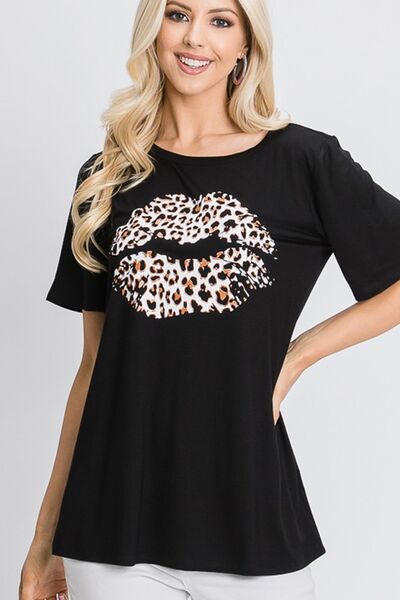 Heimish Full Size Leopard Lip Round Neck Short Sleeve T-Shirt Plus Size - Bitsy Gypsy Boutique