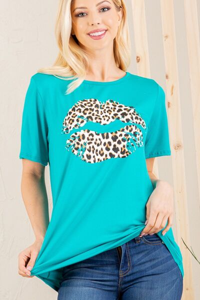 Heimish Full Size Leopard Lip Round Neck Short Sleeve T-Shirt Plus Size - Bitsy Gypsy Boutique