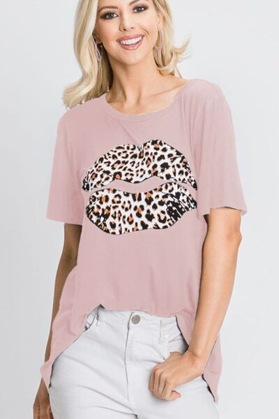 Heimish Full Size Leopard Lip Round Neck Short Sleeve T-Shirt Plus Size - Bitsy Gypsy Boutique