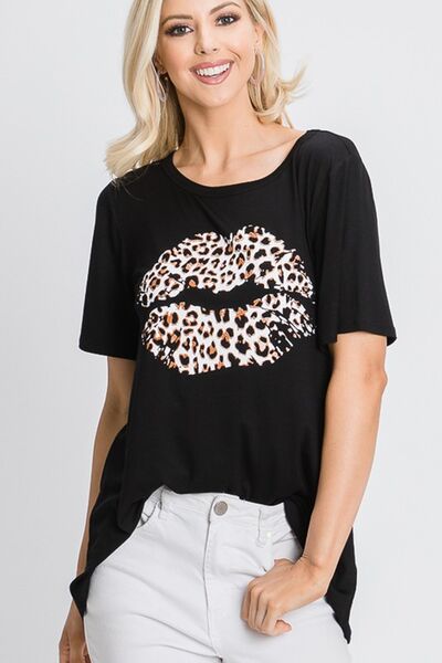 Heimish Full Size Leopard Lip Round Neck Short Sleeve T-Shirt Plus Size - Bitsy Gypsy Boutique