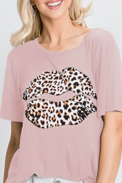 Heimish Full Size Leopard Lip Round Neck Short Sleeve T-Shirt Plus Size - Bitsy Gypsy Boutique