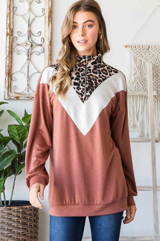 Heimish Full Size Leopard Quarter Zip Mock Neck Sweatshirt - Bitsy Gypsy Boutique