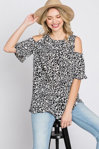 Heimish Full Size Leopard Round Neck Cold Shoulder T-Shirt Plus Size - Bitsy Gypsy Boutique