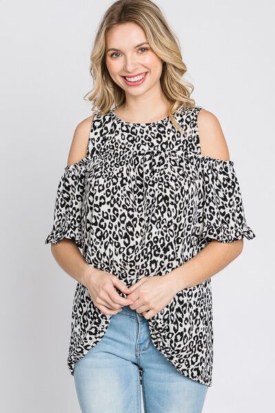 Heimish Full Size Leopard Round Neck Cold Shoulder T-Shirt Plus Size - Bitsy Gypsy Boutique