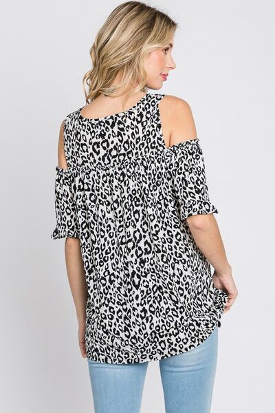 Heimish Full Size Leopard Round Neck Cold Shoulder T-Shirt Plus Size - Bitsy Gypsy Boutique