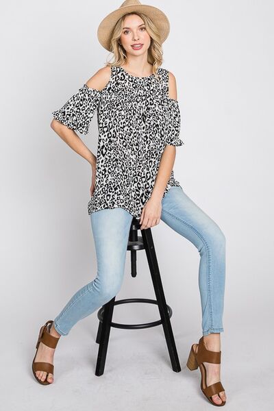 Heimish Full Size Leopard Round Neck Cold Shoulder T-Shirt Plus Size - Bitsy Gypsy Boutique