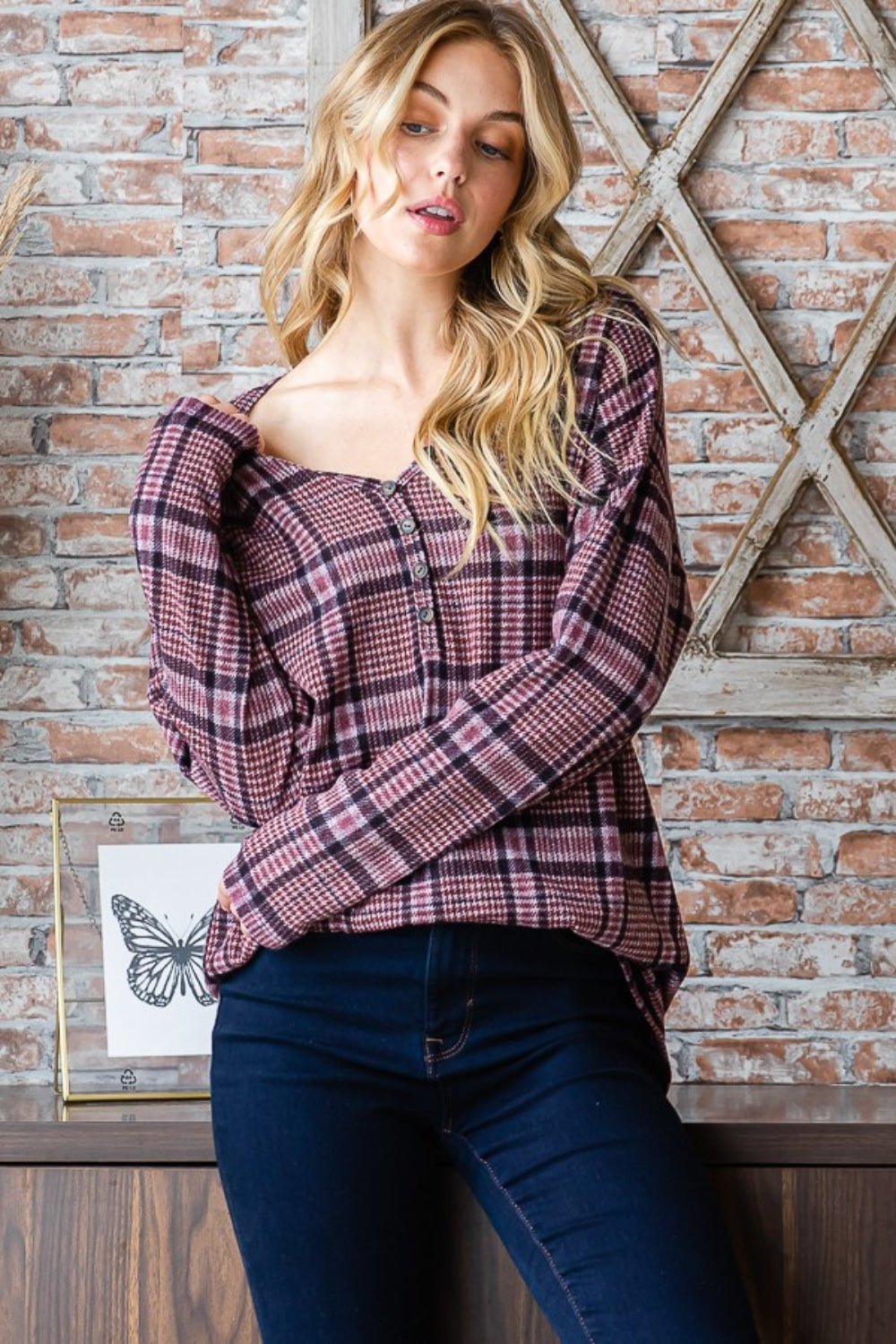 Heimish Full Size Plaid V - Neck Long Sleeve Top - Bitsy Gypsy Boutique