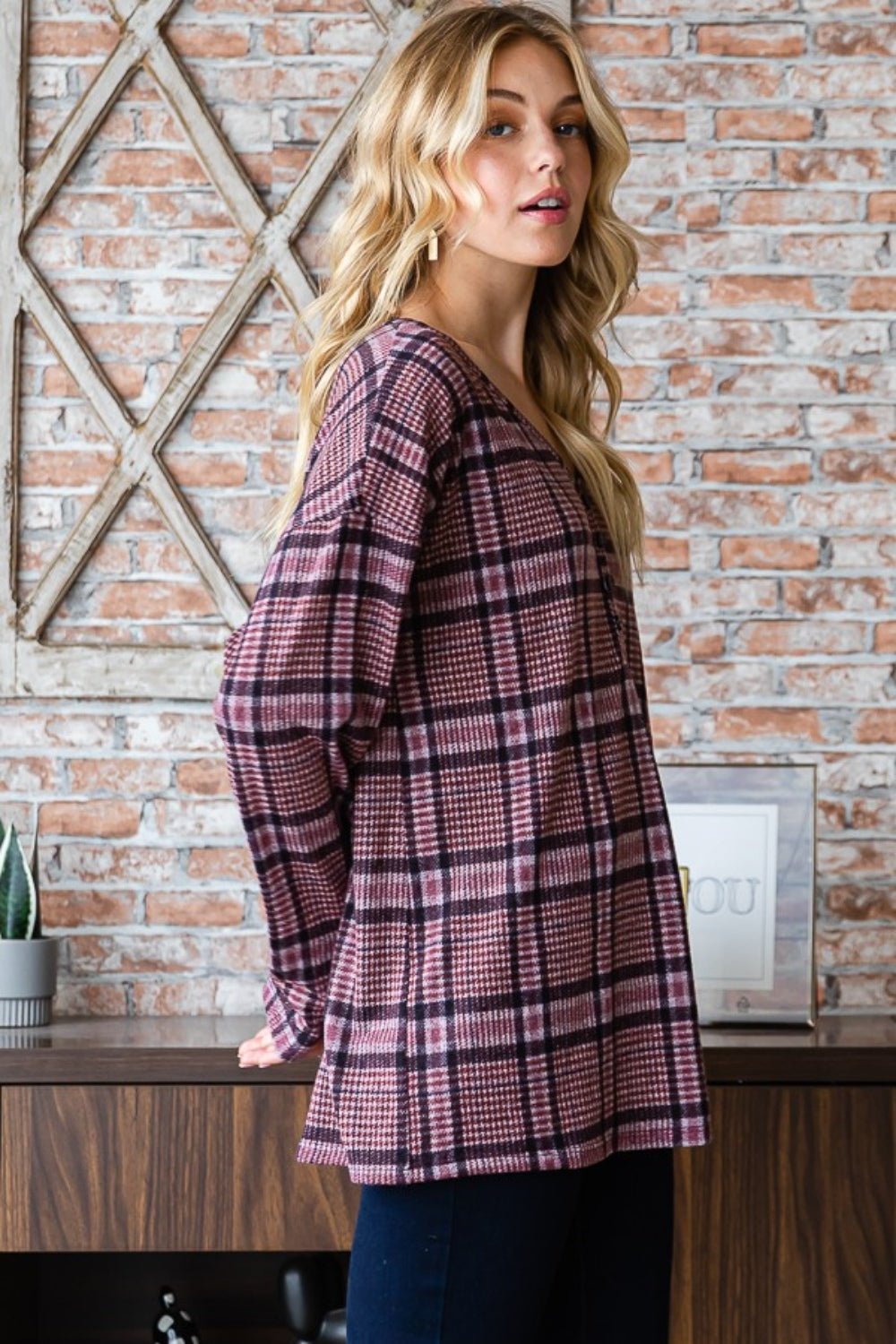 Heimish Full Size Plaid V - Neck Long Sleeve Top - Bitsy Gypsy Boutique