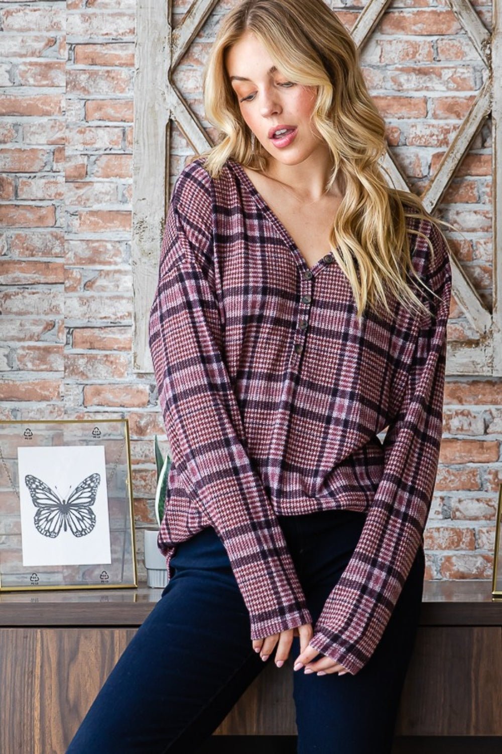 Heimish Full Size Plaid V - Neck Long Sleeve Top - Bitsy Gypsy Boutique