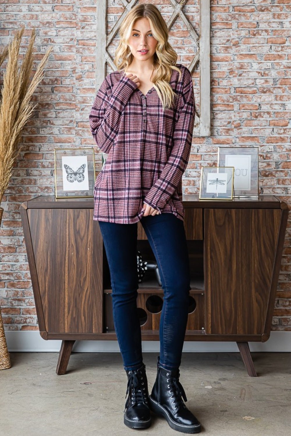 Heimish Full Size Plaid V - Neck Long Sleeve Top - Bitsy Gypsy Boutique