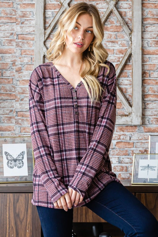 Heimish Full Size Plaid V - Neck Long Sleeve Top - Bitsy Gypsy Boutique