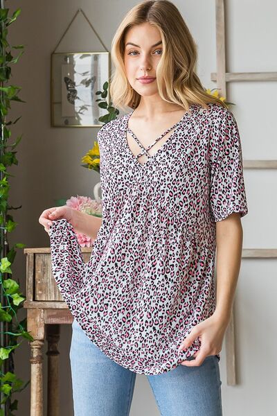 Heimish Full Size Short Sleeve Crisscross Animal Babydoll Top Plus Size - Bitsy Gypsy Boutique