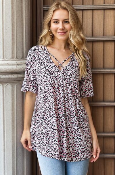 Heimish Full Size Short Sleeve Crisscross Animal Babydoll Top Plus Size - Bitsy Gypsy Boutique