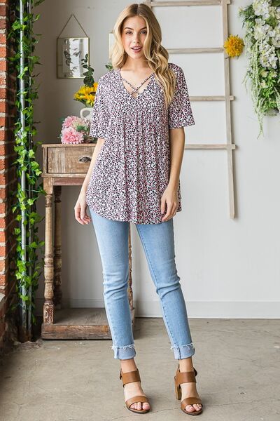 Heimish Full Size Short Sleeve Crisscross Animal Babydoll Top Plus Size - Bitsy Gypsy Boutique
