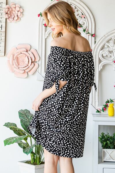 Heimish Full Size Short Sleeve Off Shoulder Animal Mini Dress Plus Size - Bitsy Gypsy Boutique