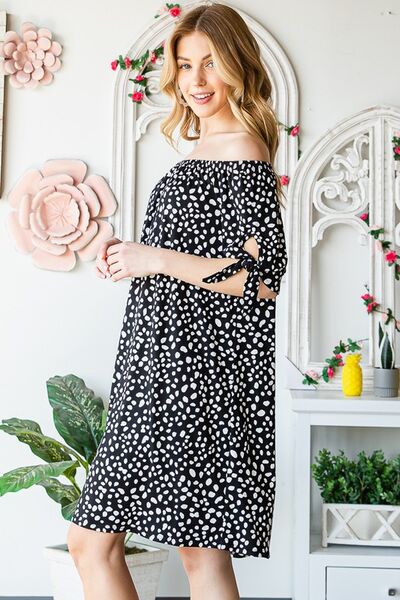 Heimish Full Size Short Sleeve Off Shoulder Animal Mini Dress Plus Size - Bitsy Gypsy Boutique