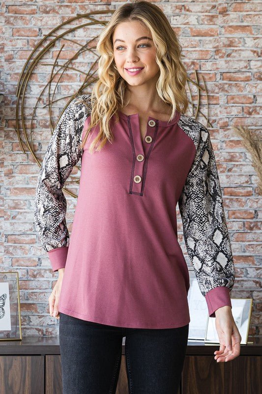 Heimish Full Size Snakeskin Print Raglan Sleeve Half Button Top - Bitsy Gypsy Boutique