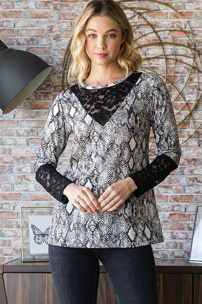 Heimish Full Size Snakeskin Print Round Neck Lace Contrast Top - Bitsy Gypsy Boutique