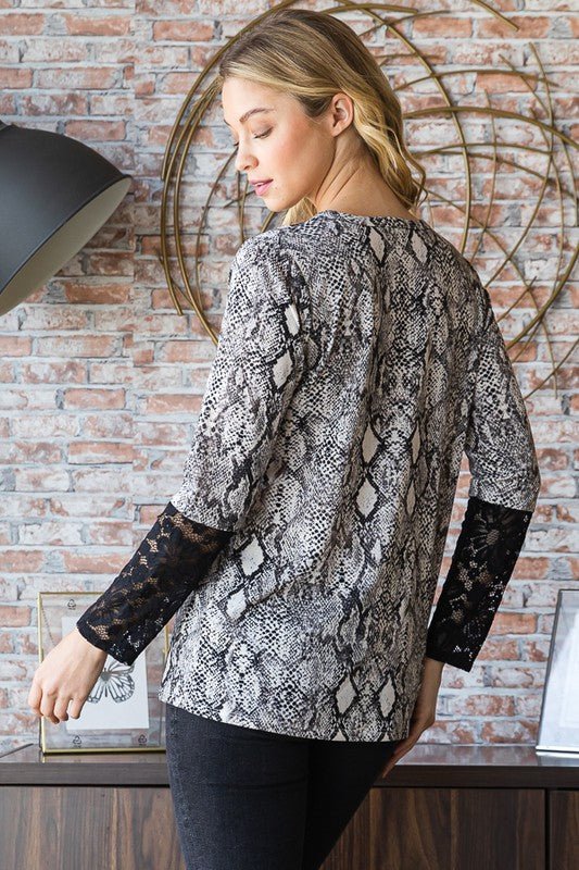 Heimish Full Size Snakeskin Print Round Neck Lace Contrast Top - Bitsy Gypsy Boutique