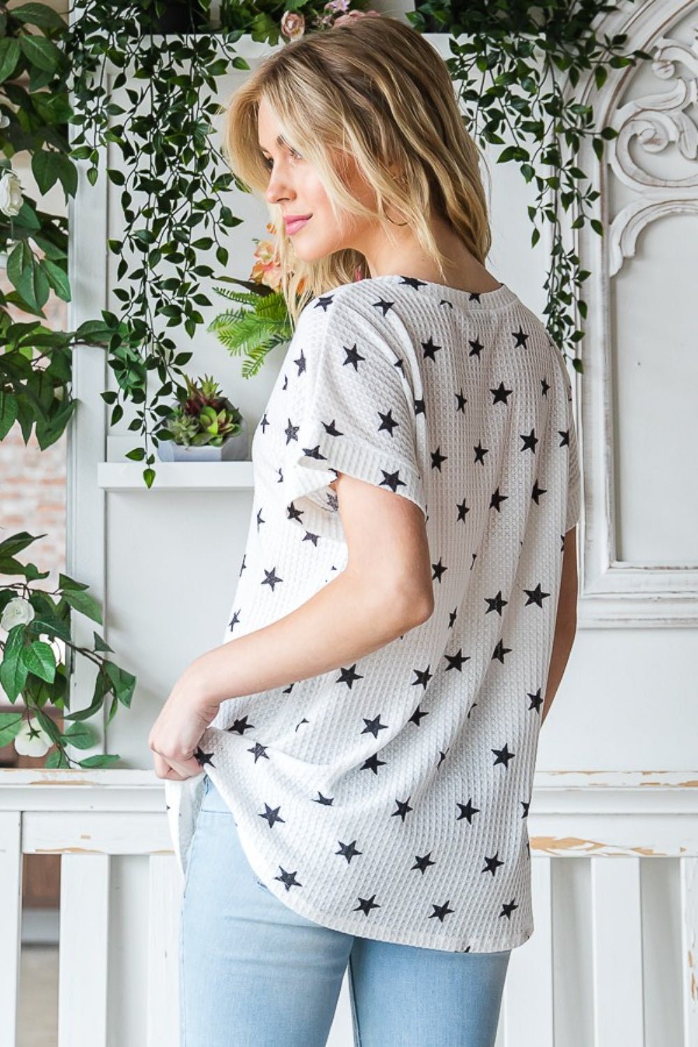 Heimish Full Size Star Print Short Sleeve V - Neck Waffle Knit T-Shirt - Bitsy Gypsy Boutique