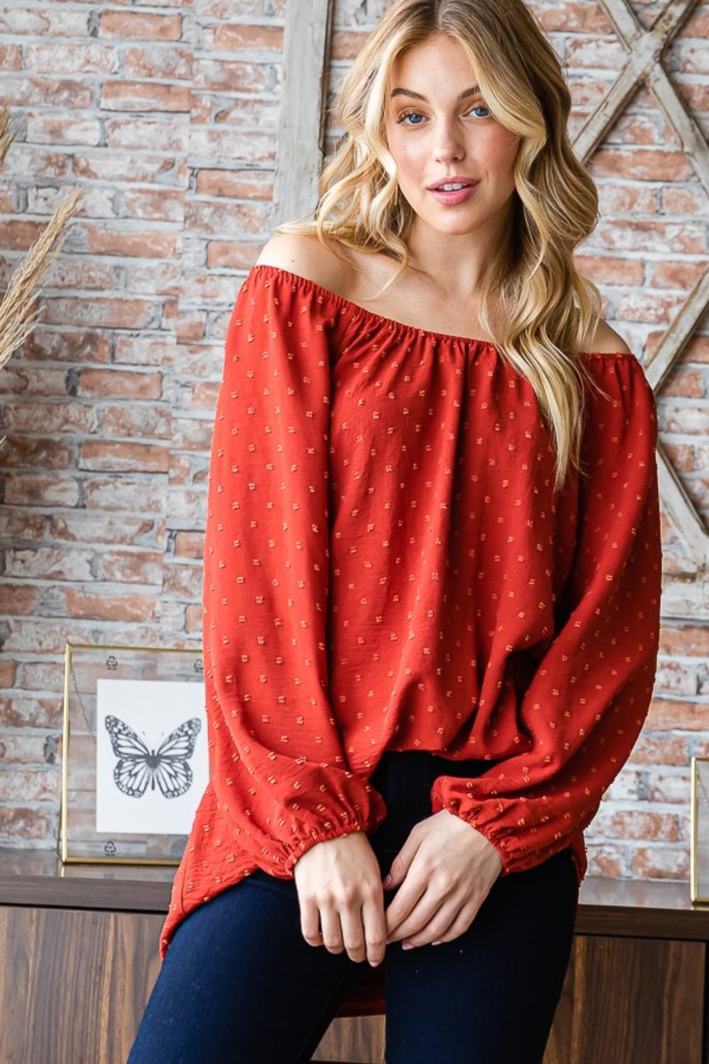 Heimish Full Size Swiss Dot Off Shoulder Top - Bitsy Gypsy Boutique