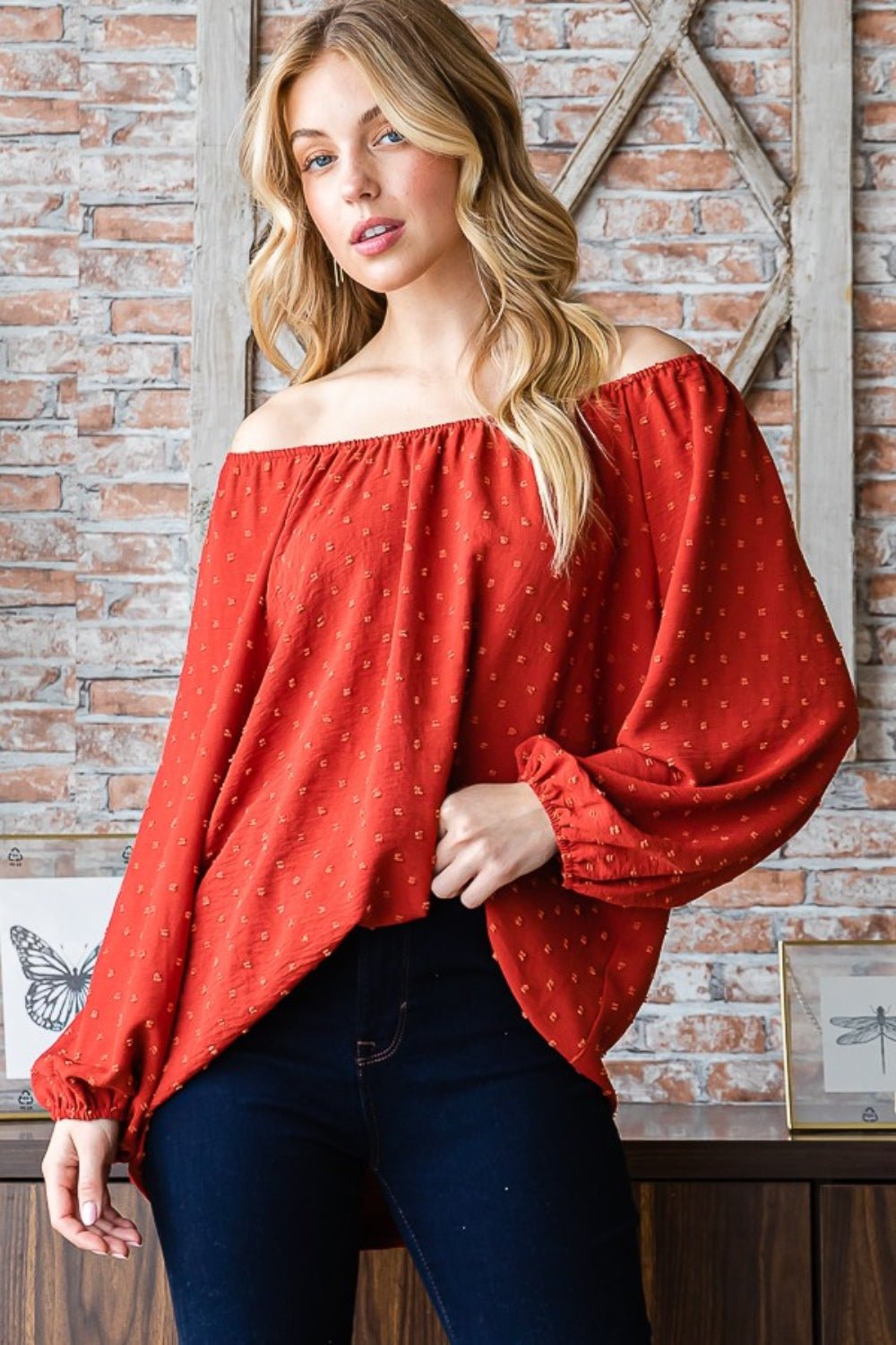 Heimish Full Size Swiss Dot Off Shoulder Top - Bitsy Gypsy Boutique