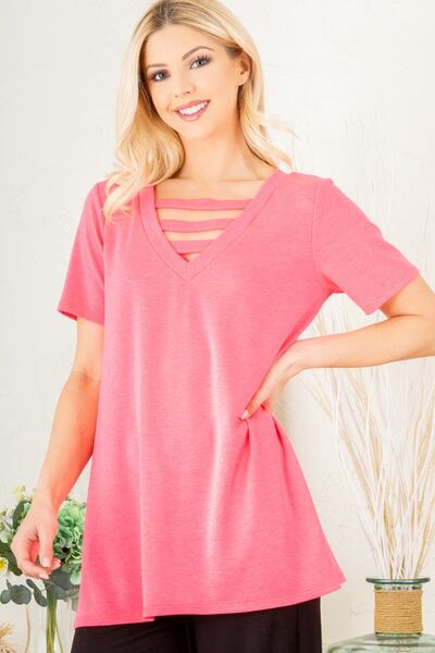 Heimish Full Size V - Neck Short Sleeve T-Shirt with Bar Detail Plus Size - Bitsy Gypsy Boutique