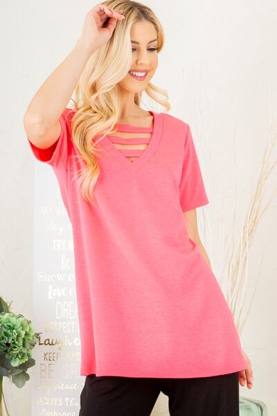 Heimish Full Size V - Neck Short Sleeve T-Shirt with Bar Detail Plus Size - Bitsy Gypsy Boutique