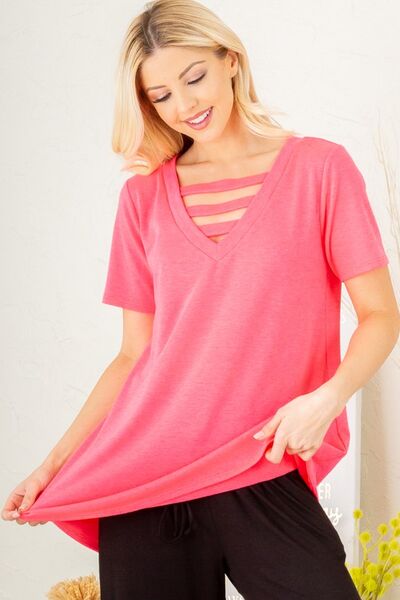 Heimish Full Size V - Neck Short Sleeve T-Shirt with Bar Detail Plus Size - Bitsy Gypsy Boutique