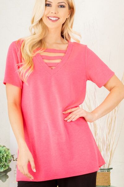 Heimish Full Size V - Neck Short Sleeve T-Shirt with Bar Detail Plus Size - Bitsy Gypsy Boutique