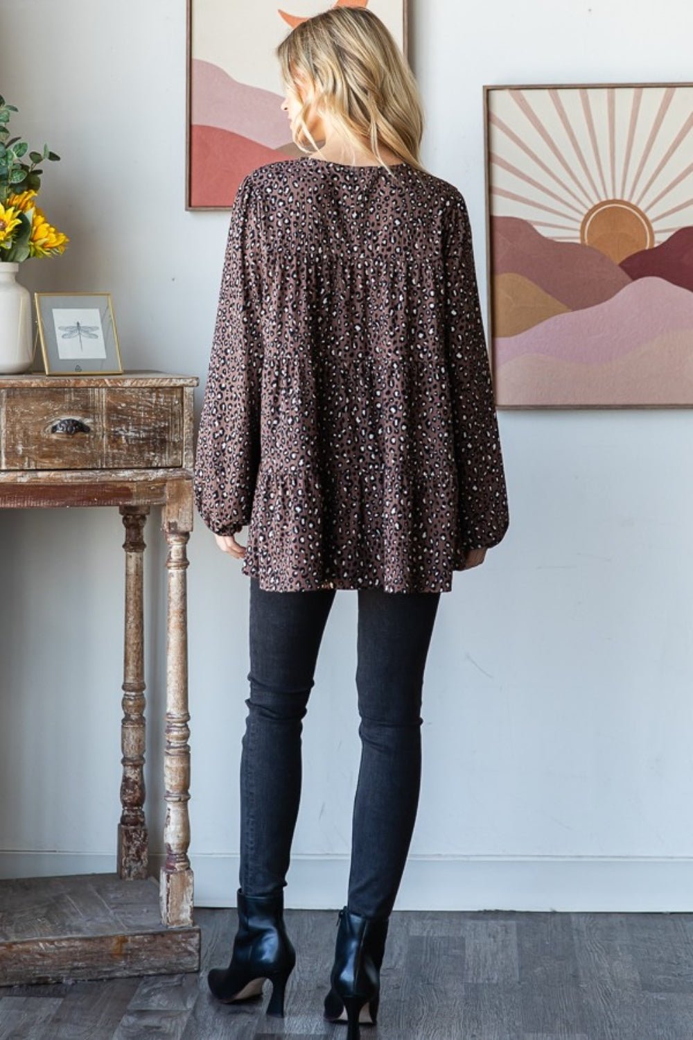 Heimish Leopard Long Sleeve Tiered Blouse - Bitsy Gypsy Boutique