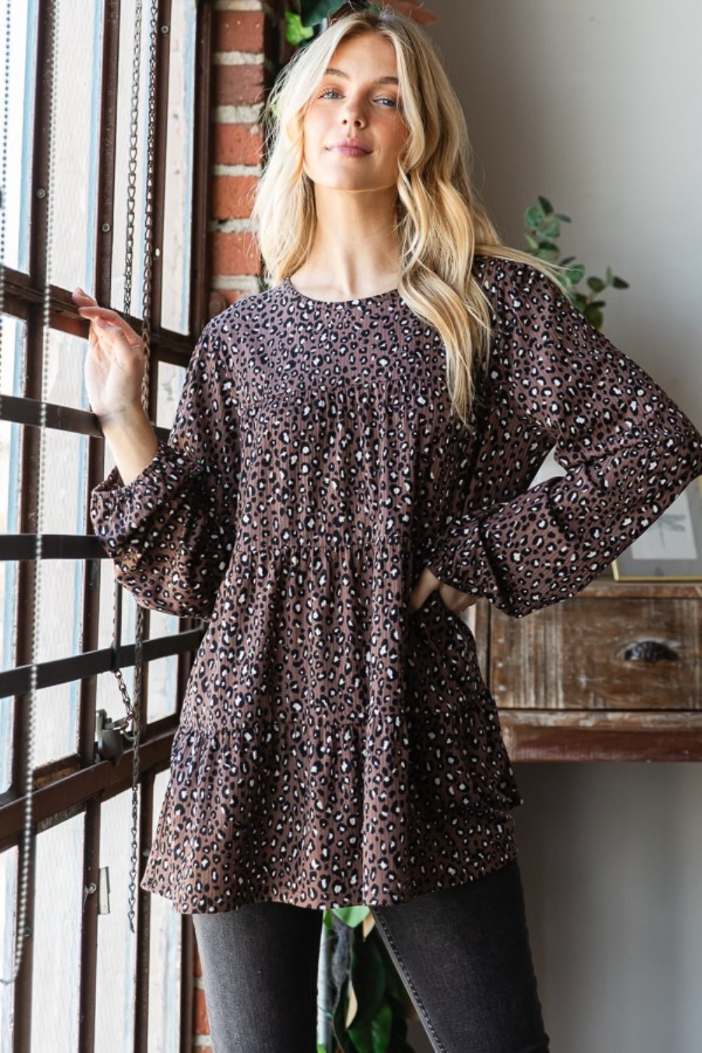 Heimish Leopard Long Sleeve Tiered Blouse - Bitsy Gypsy Boutique