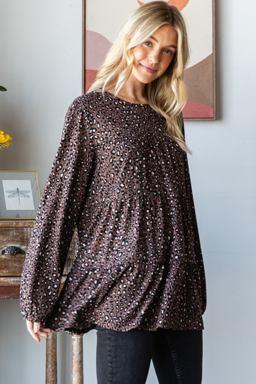 Heimish Leopard Long Sleeve Tiered Blouse - Bitsy Gypsy Boutique