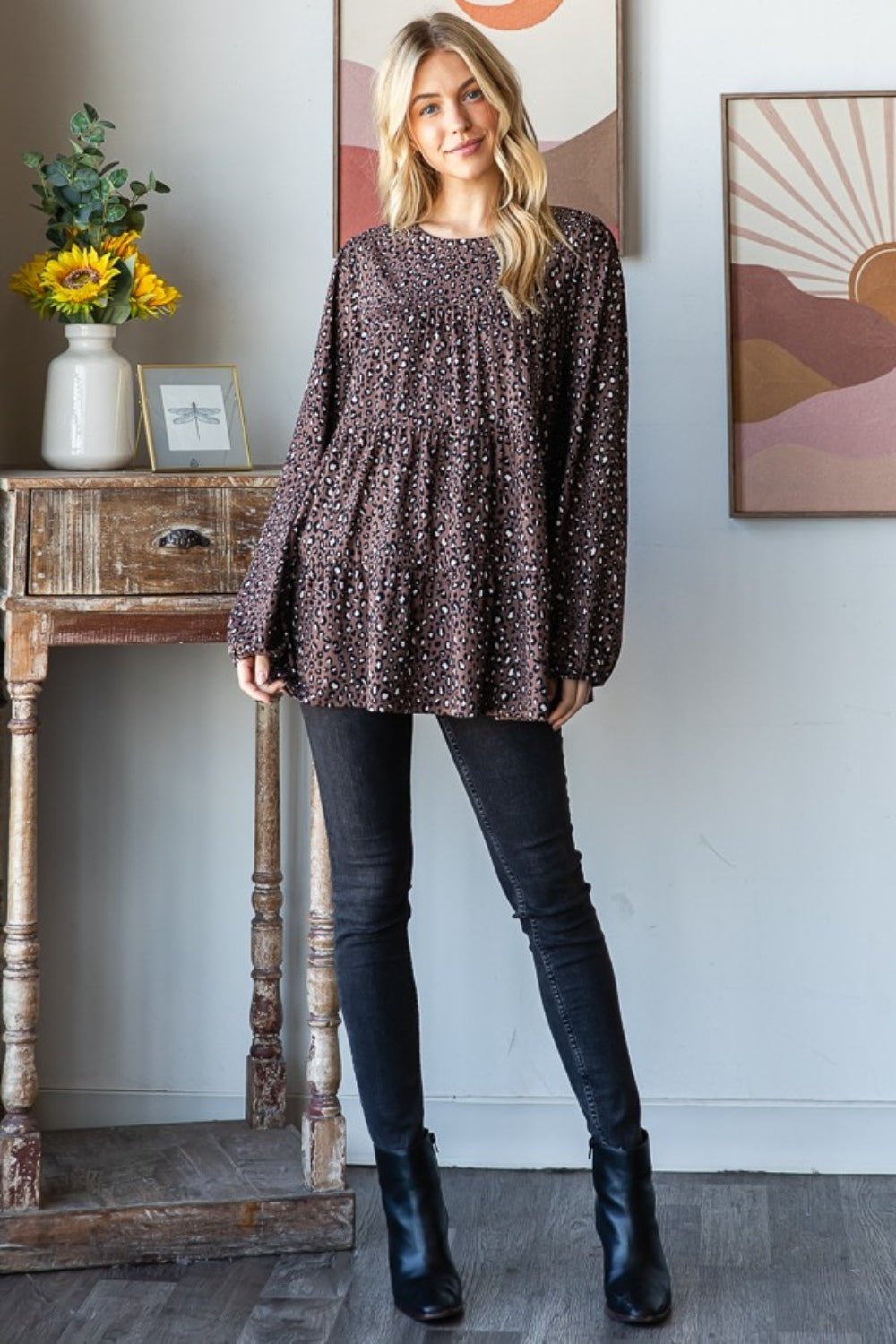 Heimish Leopard Long Sleeve Tiered Blouse - Bitsy Gypsy Boutique