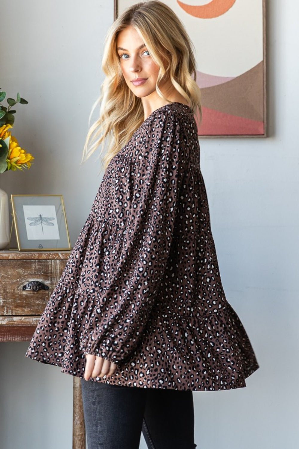 Heimish Leopard Long Sleeve Tiered Blouse - Bitsy Gypsy Boutique